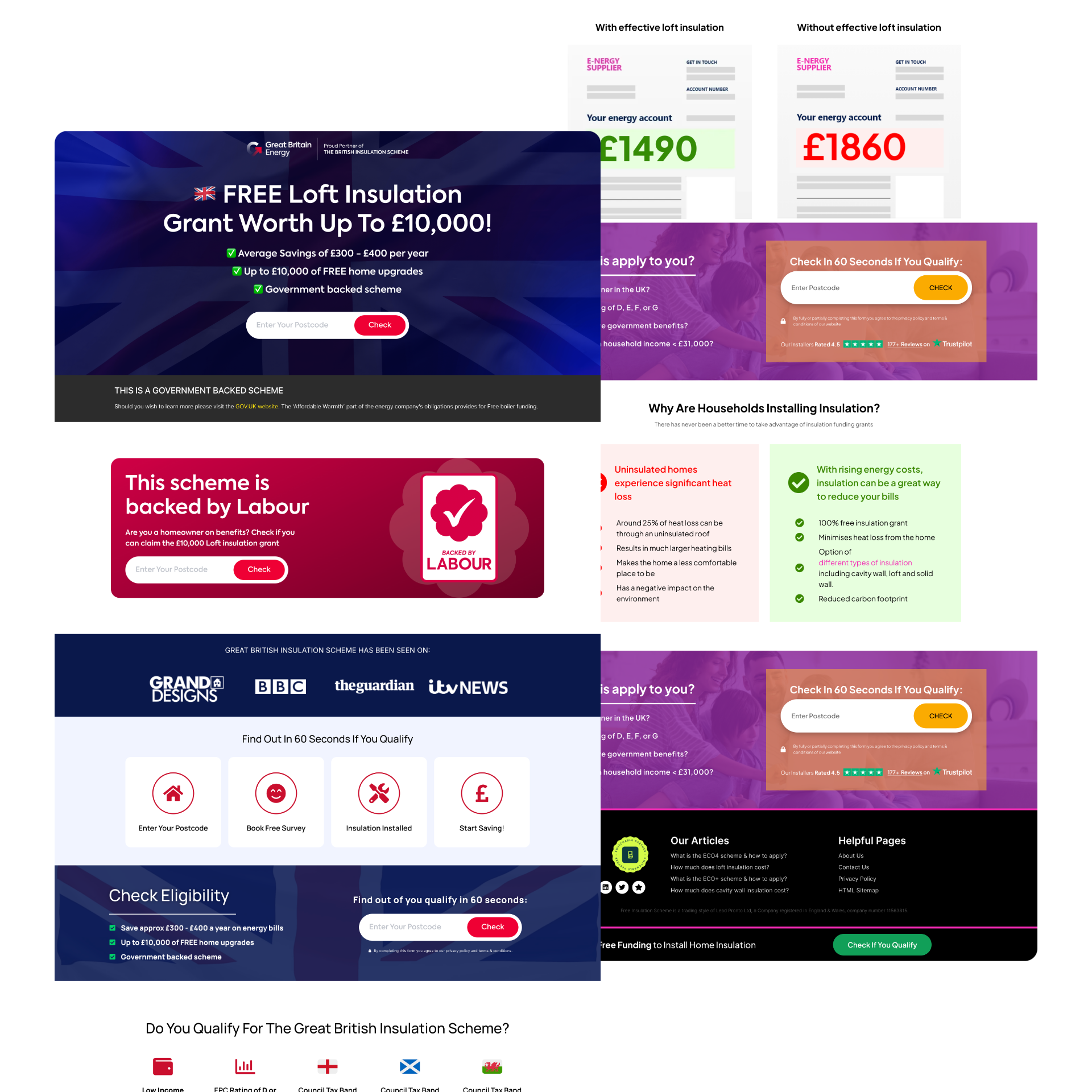 Lead Pronto insulation grants landing pages on desktop and mobile