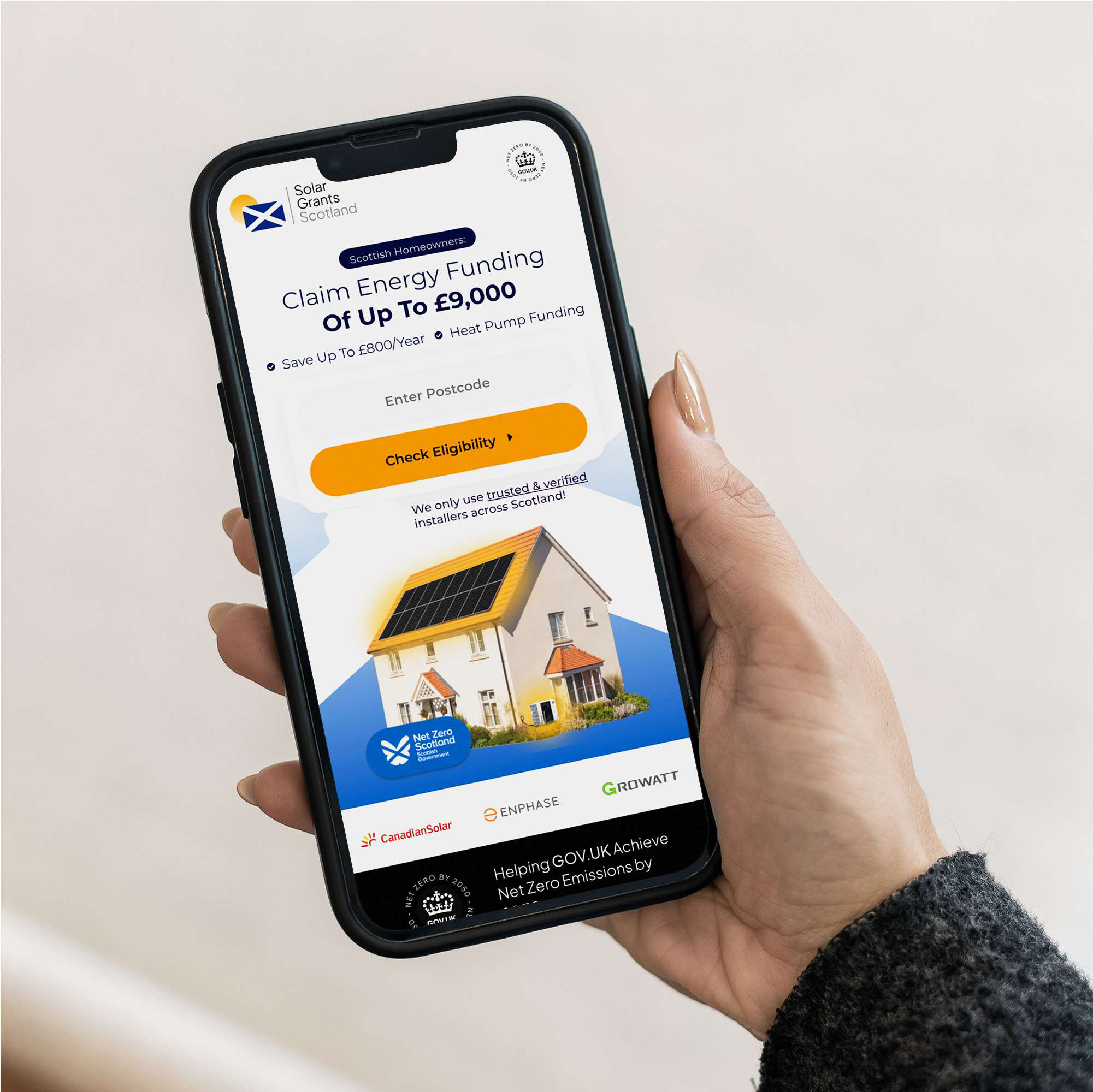 A Lead Pronto solar grant landing page on mobile