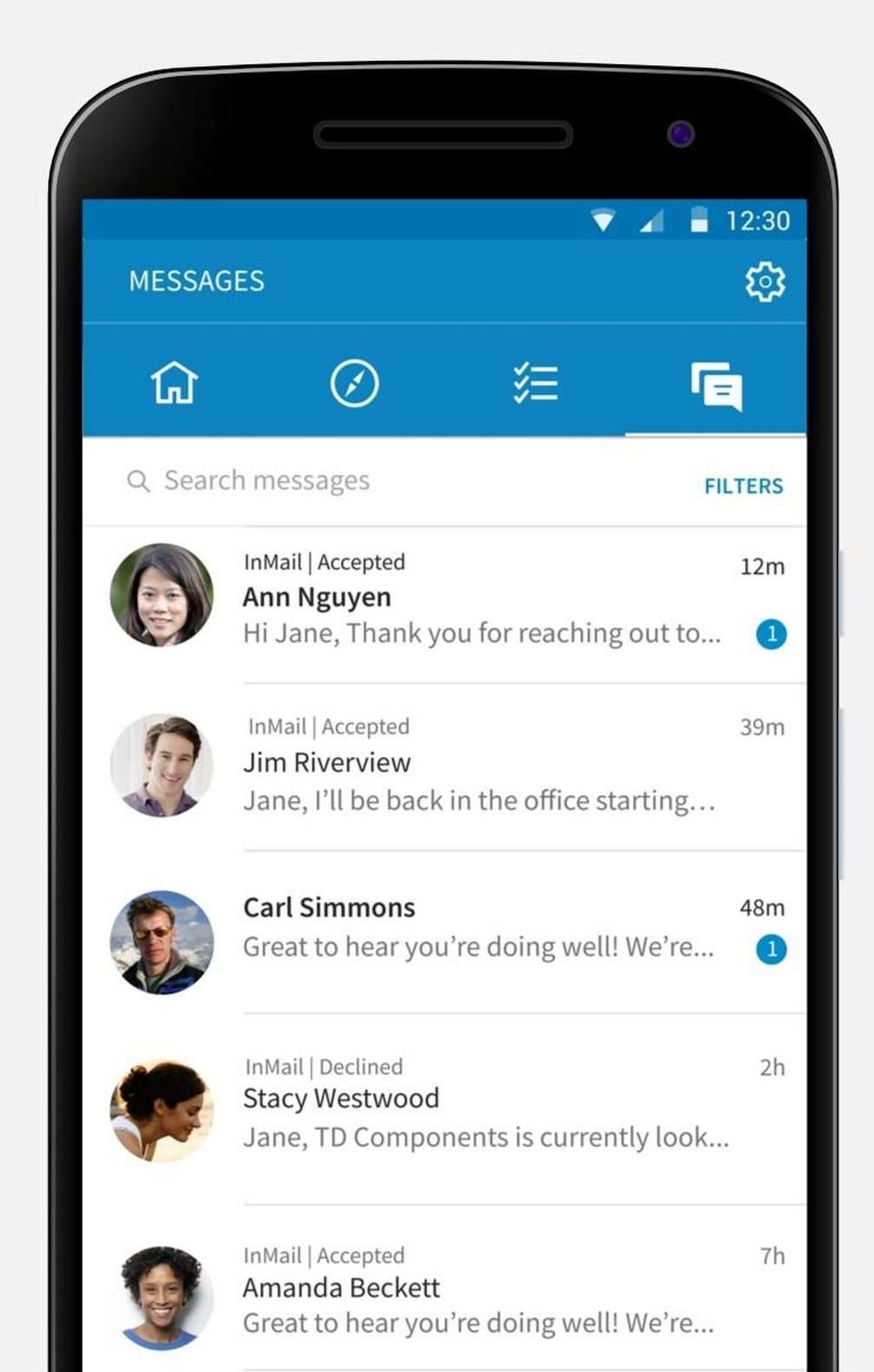 LinkedIn InMail messages on a phone, used for JKSL prospecting