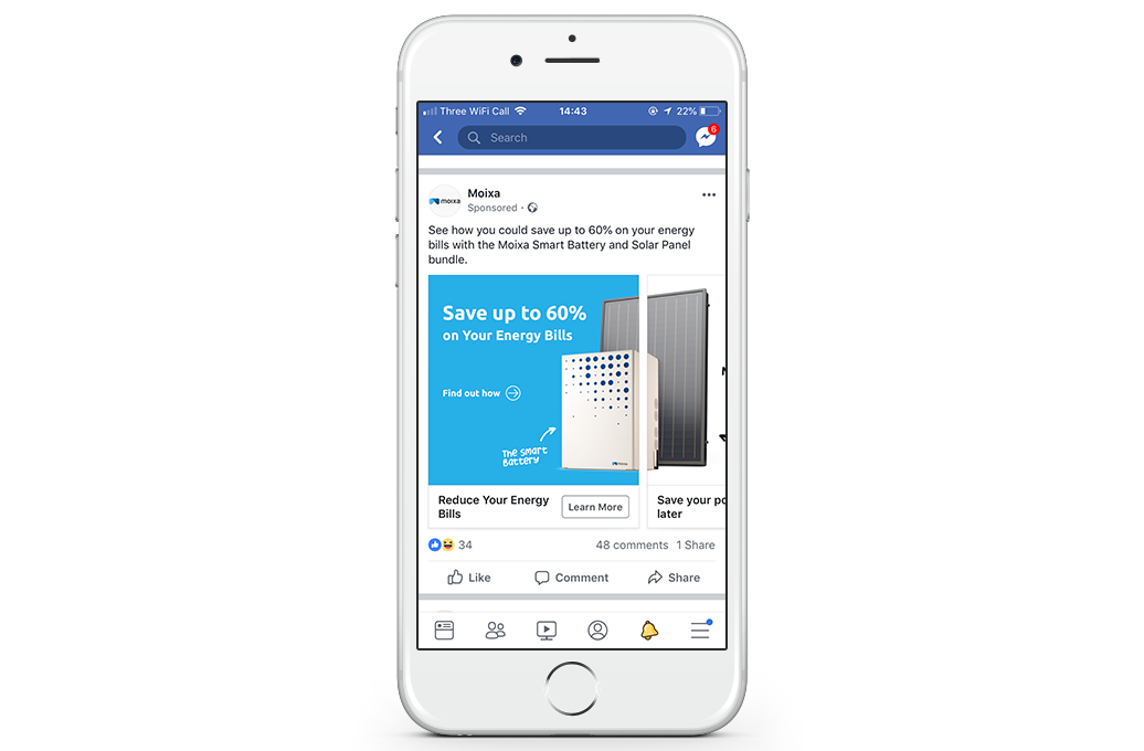Lead Pronto Facebook ad campaigns for Moixa solar batteries
