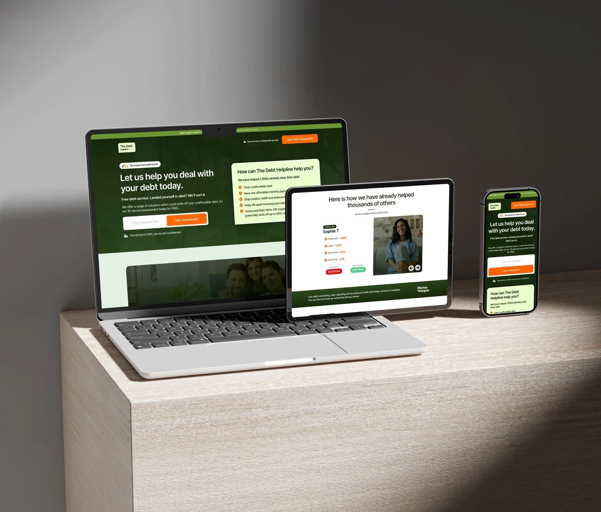 A Lead Pronto debt management landing page across devices