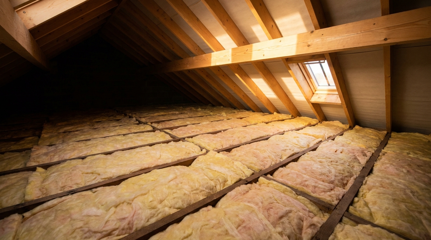 A loft insulated with mineral wool between the joists