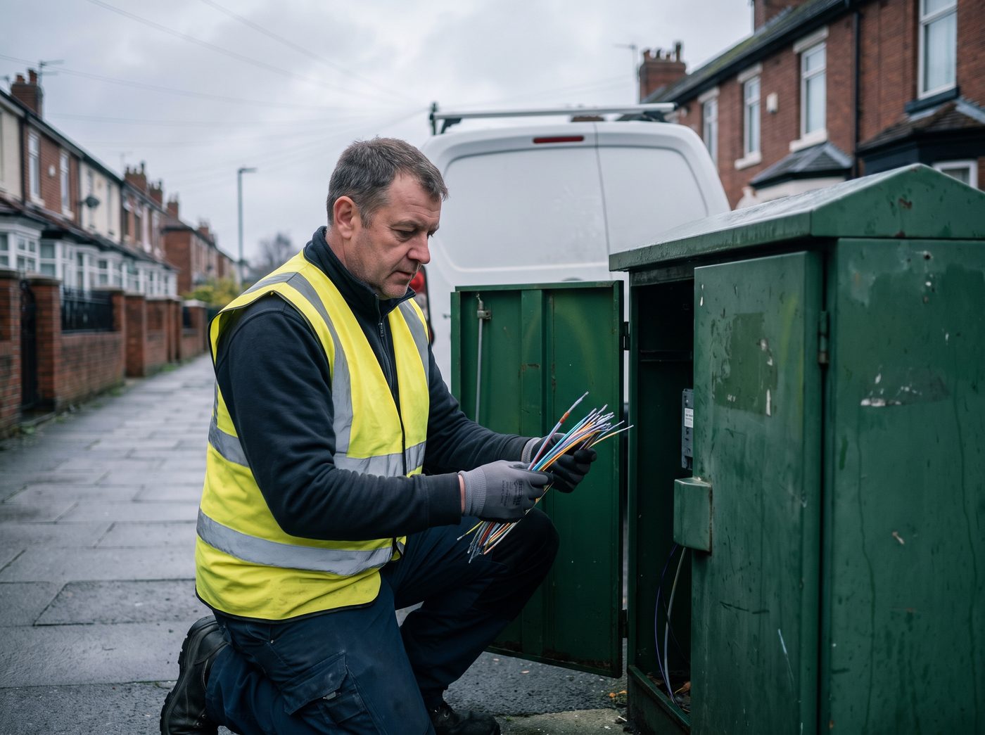 A telecoms engineer working at a fibre street cabinet