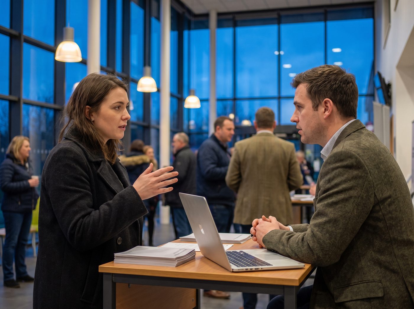 A course adviser talking with a prospective student at a college open evening