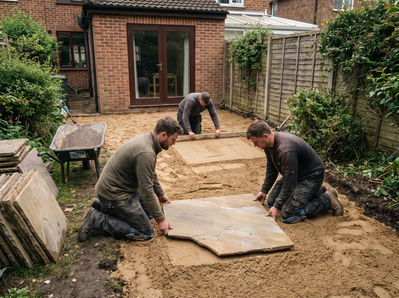 A landscaping crew laying a sandstone patio