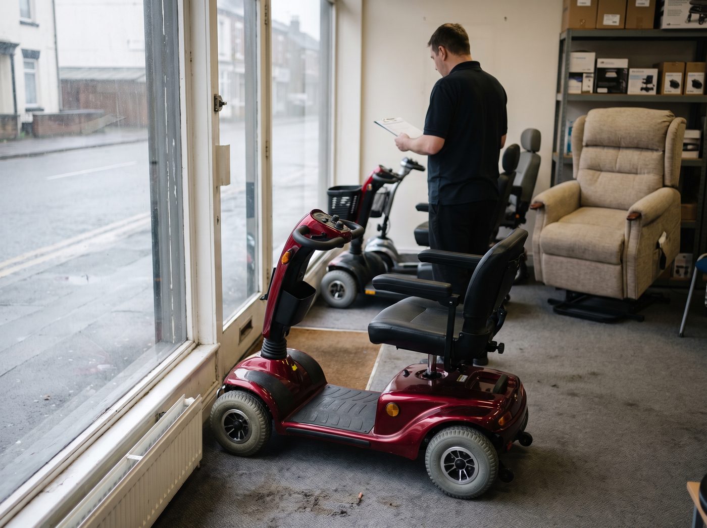 Mobility scooters on display in a UK mobility equipment shop