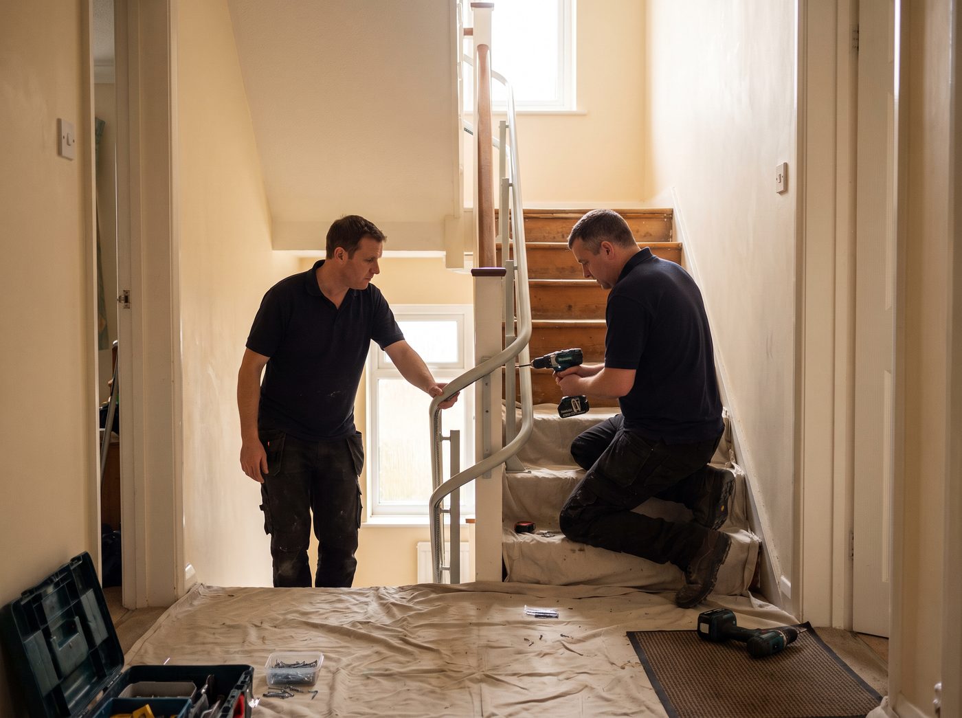 Two engineers fitting a stairlift rail to a staircase