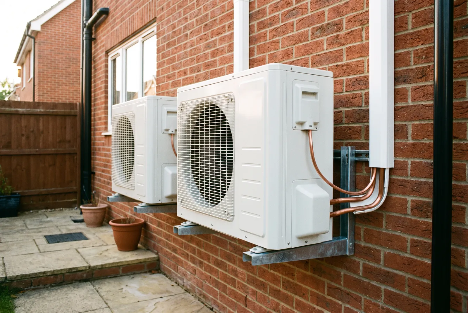 A neat twin condenser air conditioning installation on a UK brick wall