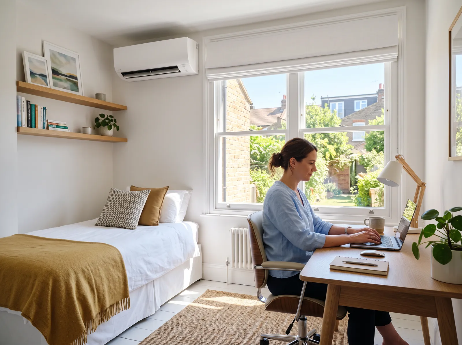 A cool home office on a hot summer day with a wall-mounted air conditioning unit running