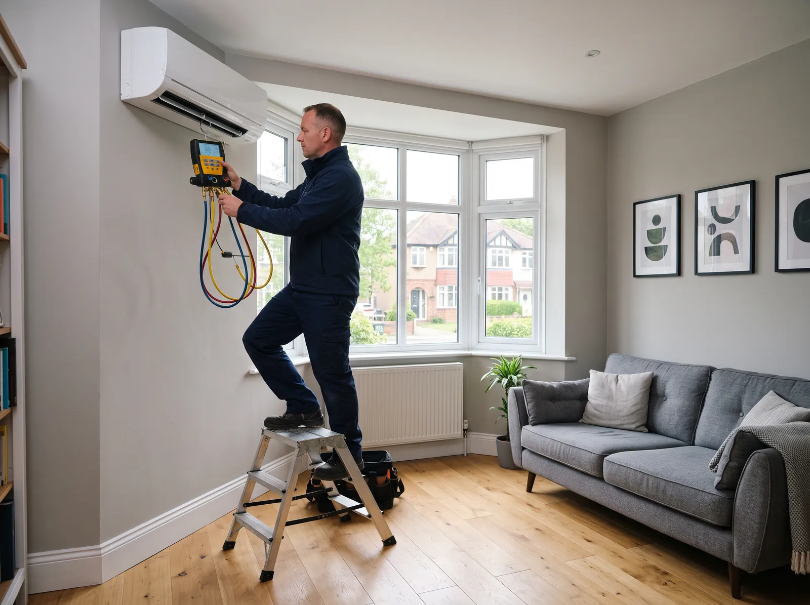 An engineer commissioning a wall-mounted air conditioning unit in a UK living room