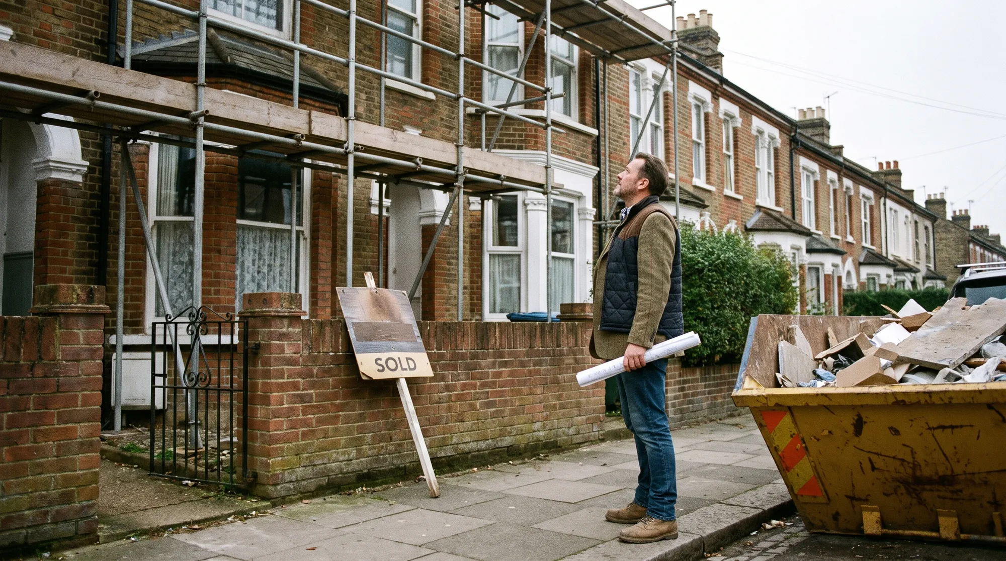 A property developer outside a terraced house mid-renovation