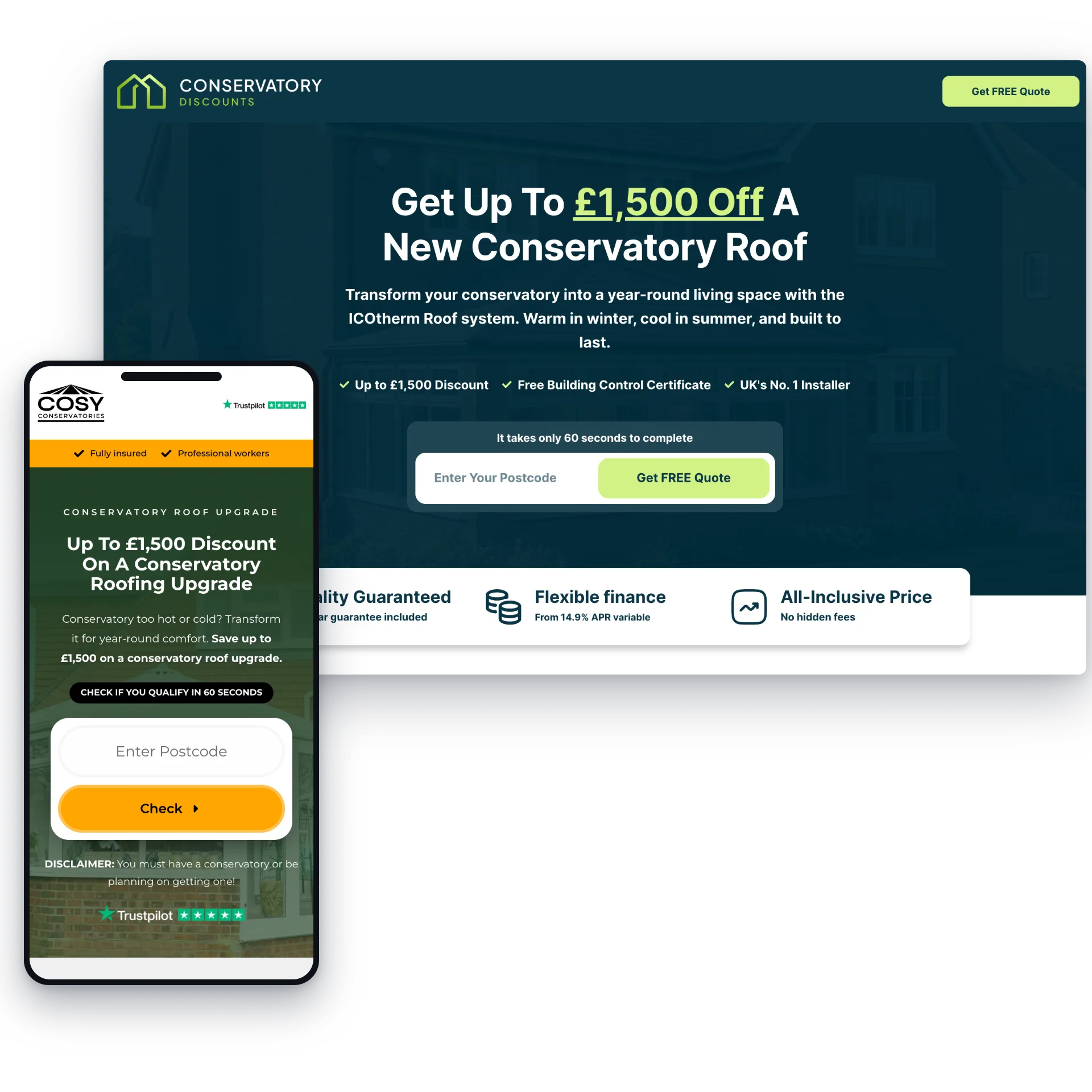 The Conservatory Discounts and Cosy Conservatories conservatory roof quote landers shown on desktop and mobile