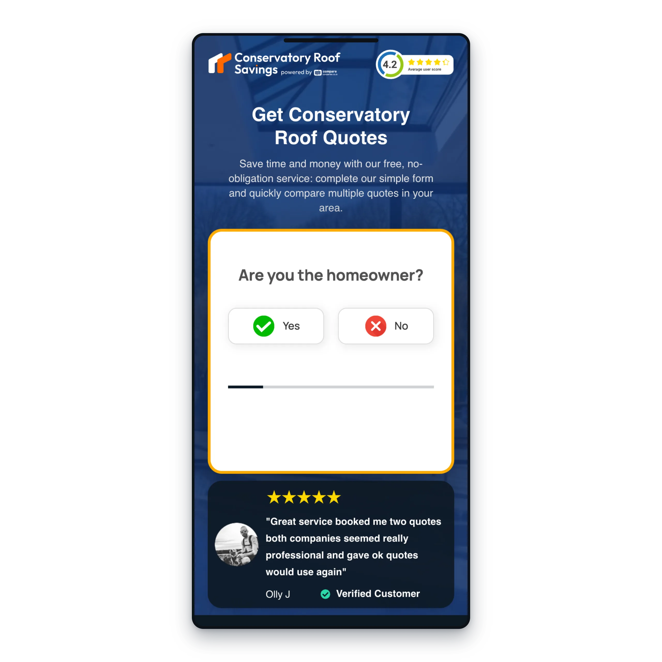 The Conservatory Roof Savings quote form on a mobile phone