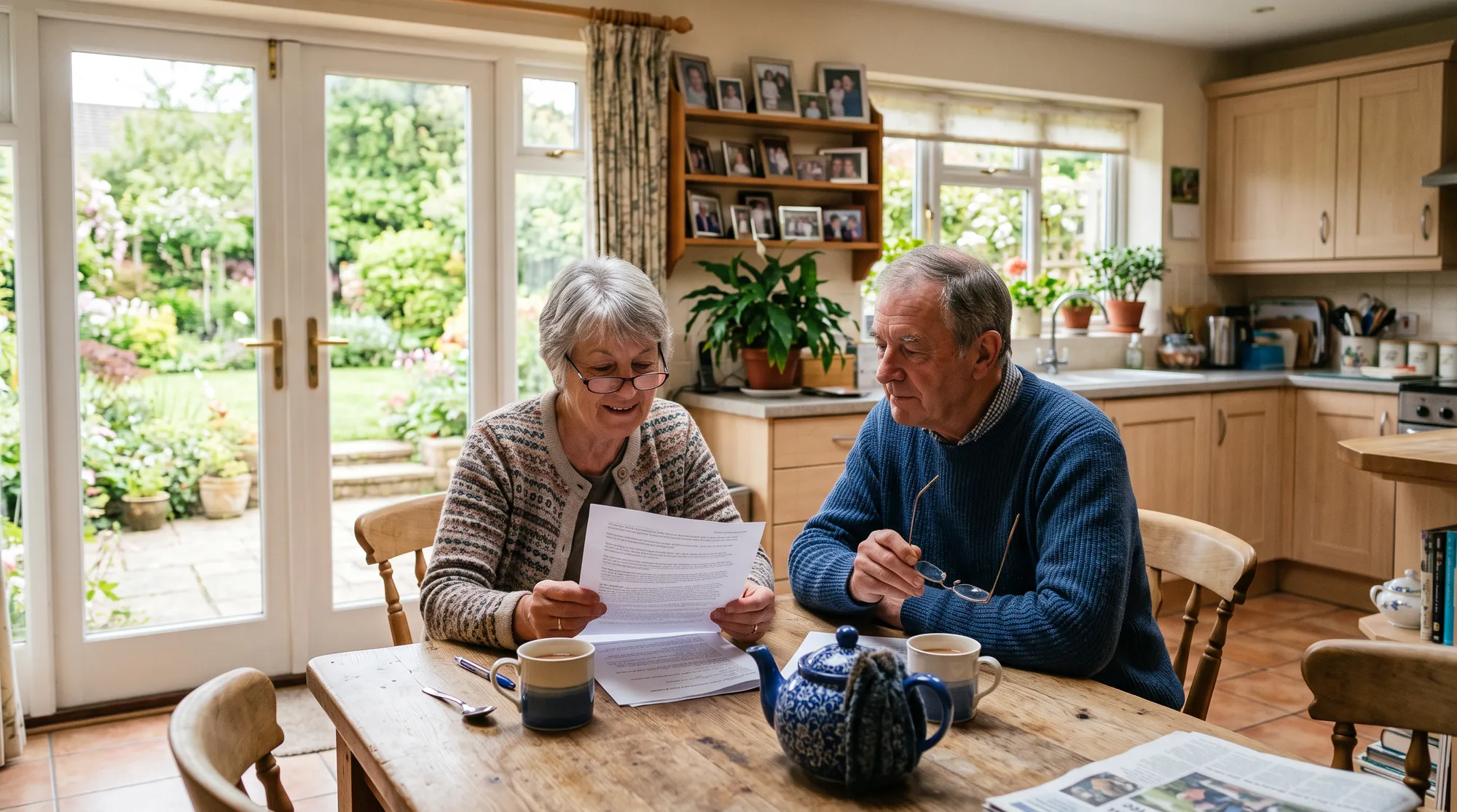 A retired couple reading paperwork together in a garden-facing kitchen