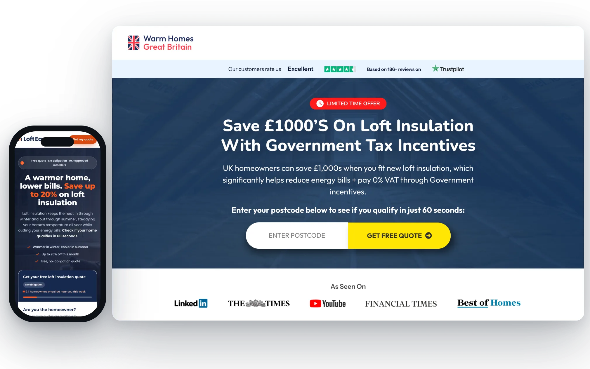 The Warm Homes Great Britain and LoftEasy insulation grant quote landers on desktop and mobile