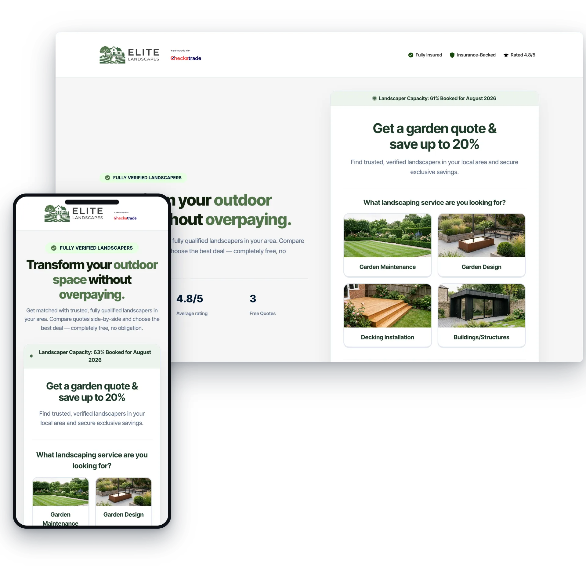 The Elite Landscapes garden and landscaping quote lander shown on desktop and mobile