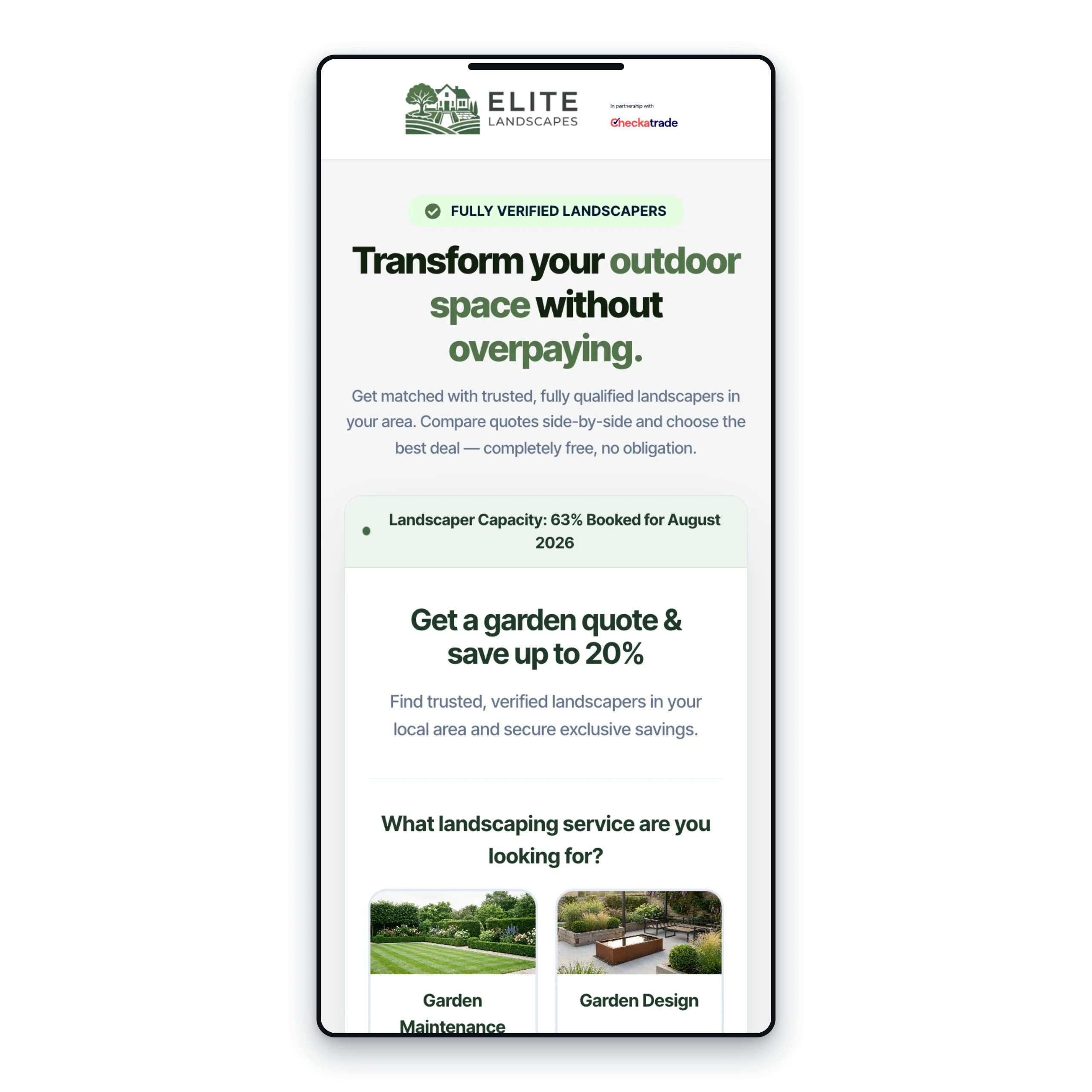 The Elite Landscapes landscaping quote form on a mobile phone