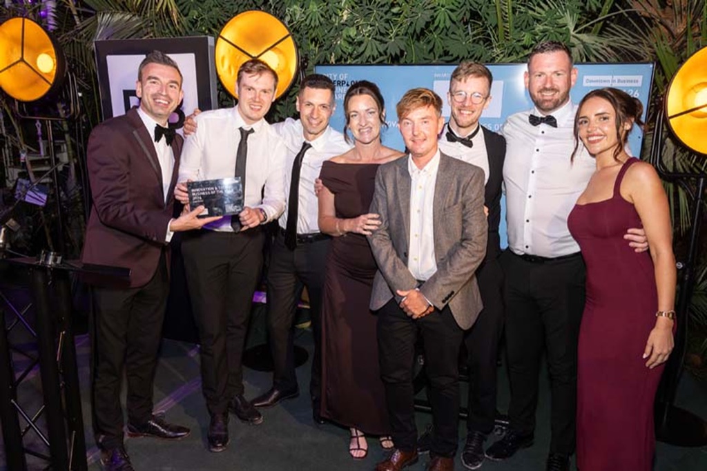 The Lead Pronto team collecting the Innovation and Tech Business of the Year 2026 award at the Downtown in Business Awards in Liverpool