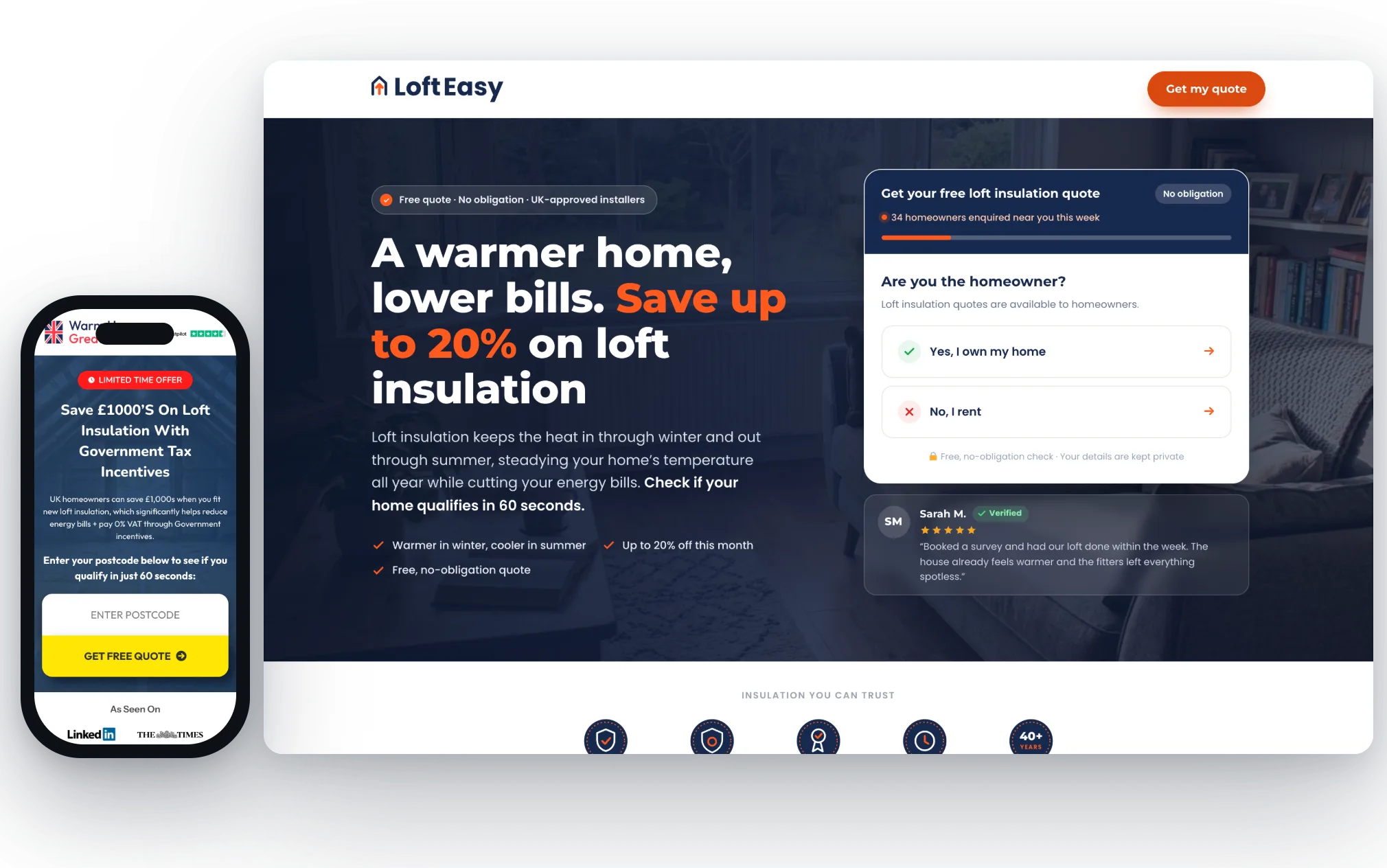 The LoftEasy and Warm Homes Great Britain loft insulation quote landers on desktop and mobile