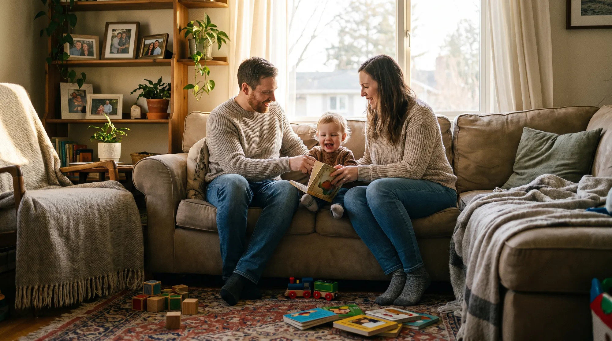 A young family relaxing together on the sofa at home
