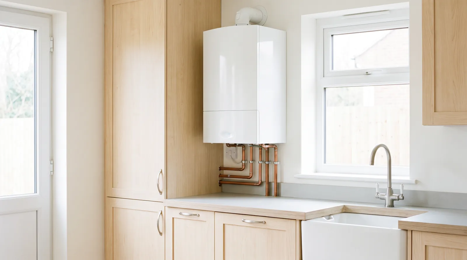 A new white combi boiler installed in a UK kitchen