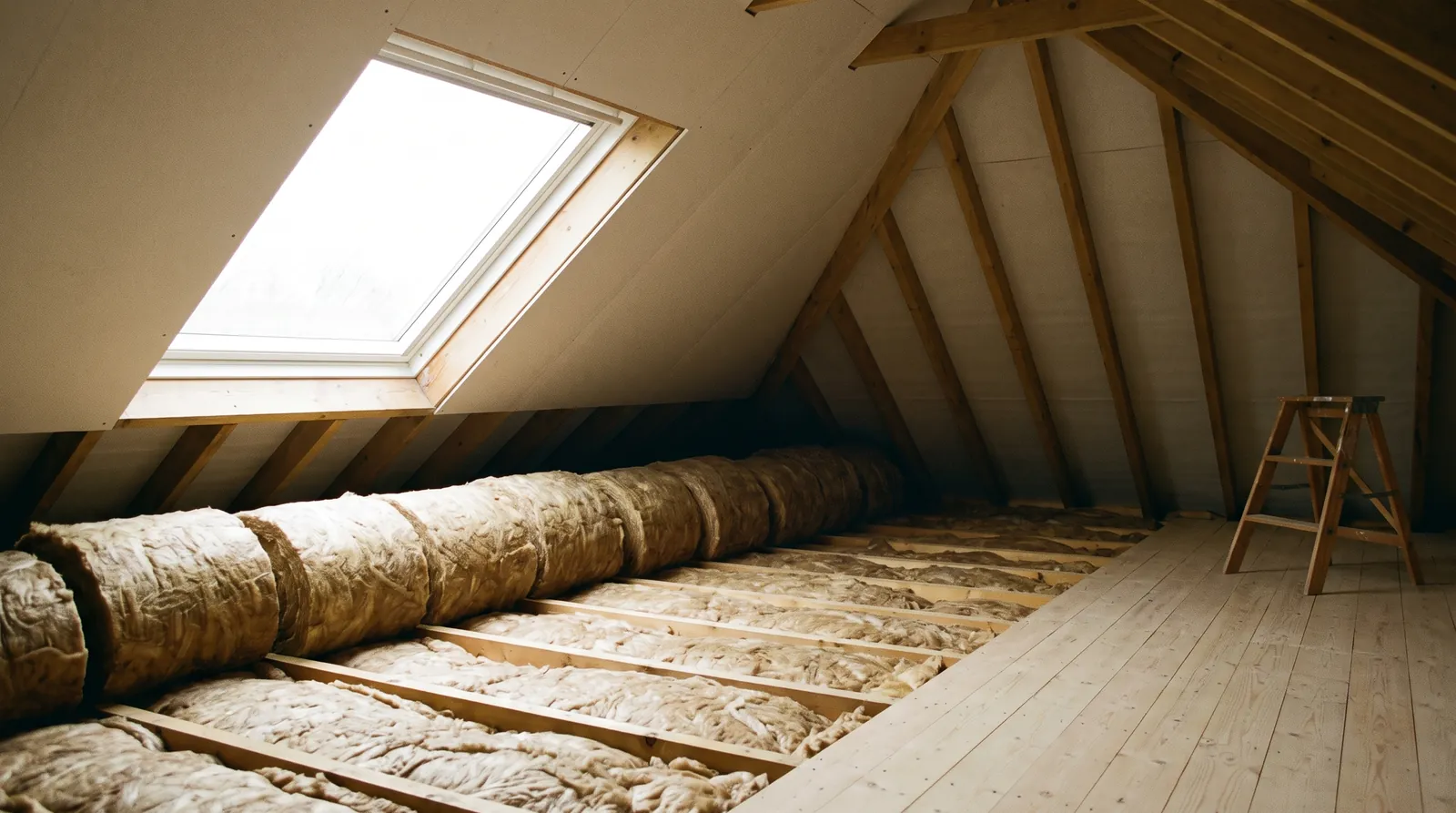 Fresh mineral wool insulation laid between loft joists