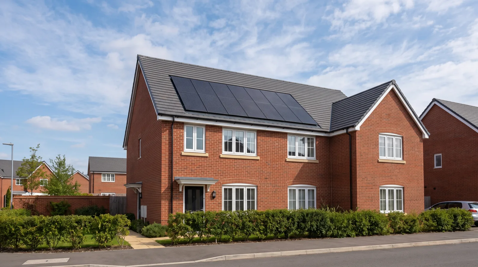 All-black solar panels on the roof of a UK brick house
