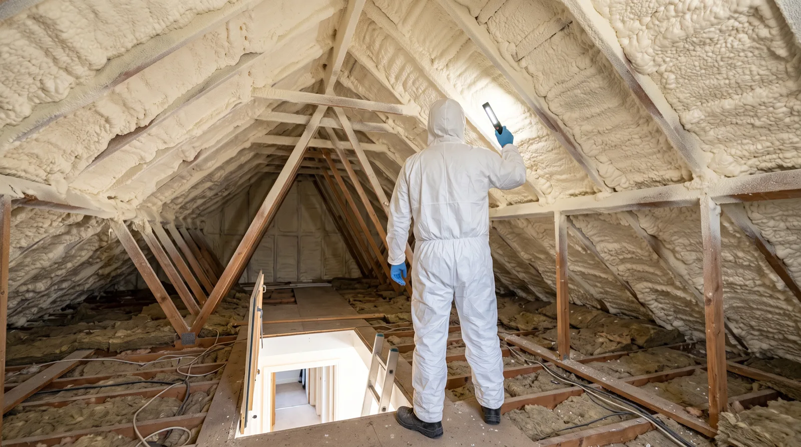Surveyor inspecting spray foam insulation in a loft