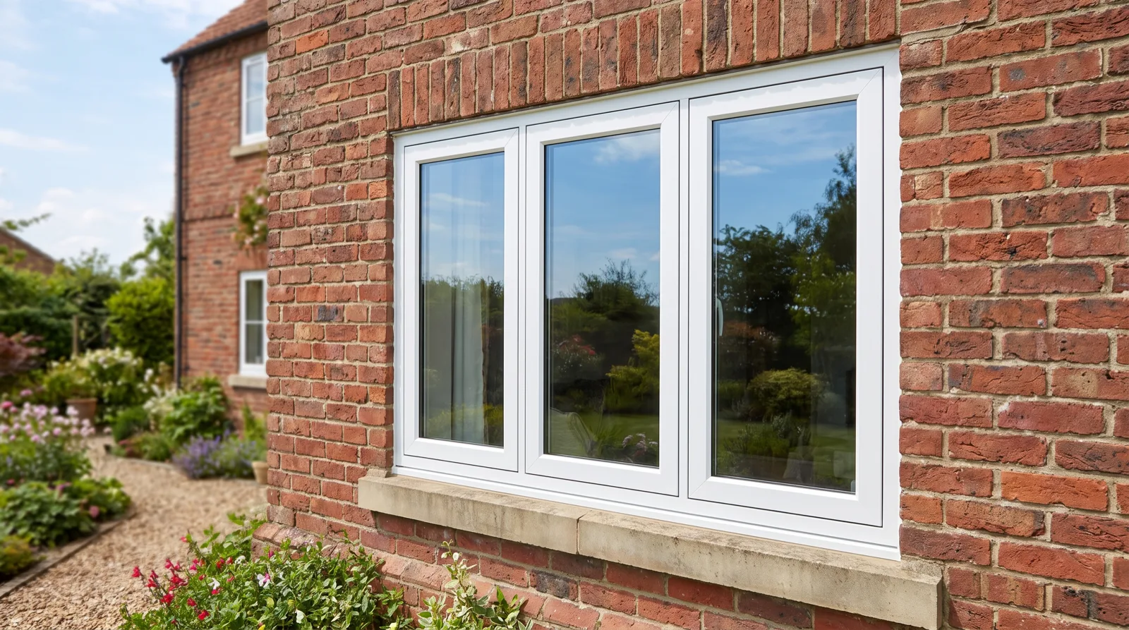 Newly installed white uPVC window on a brick facade