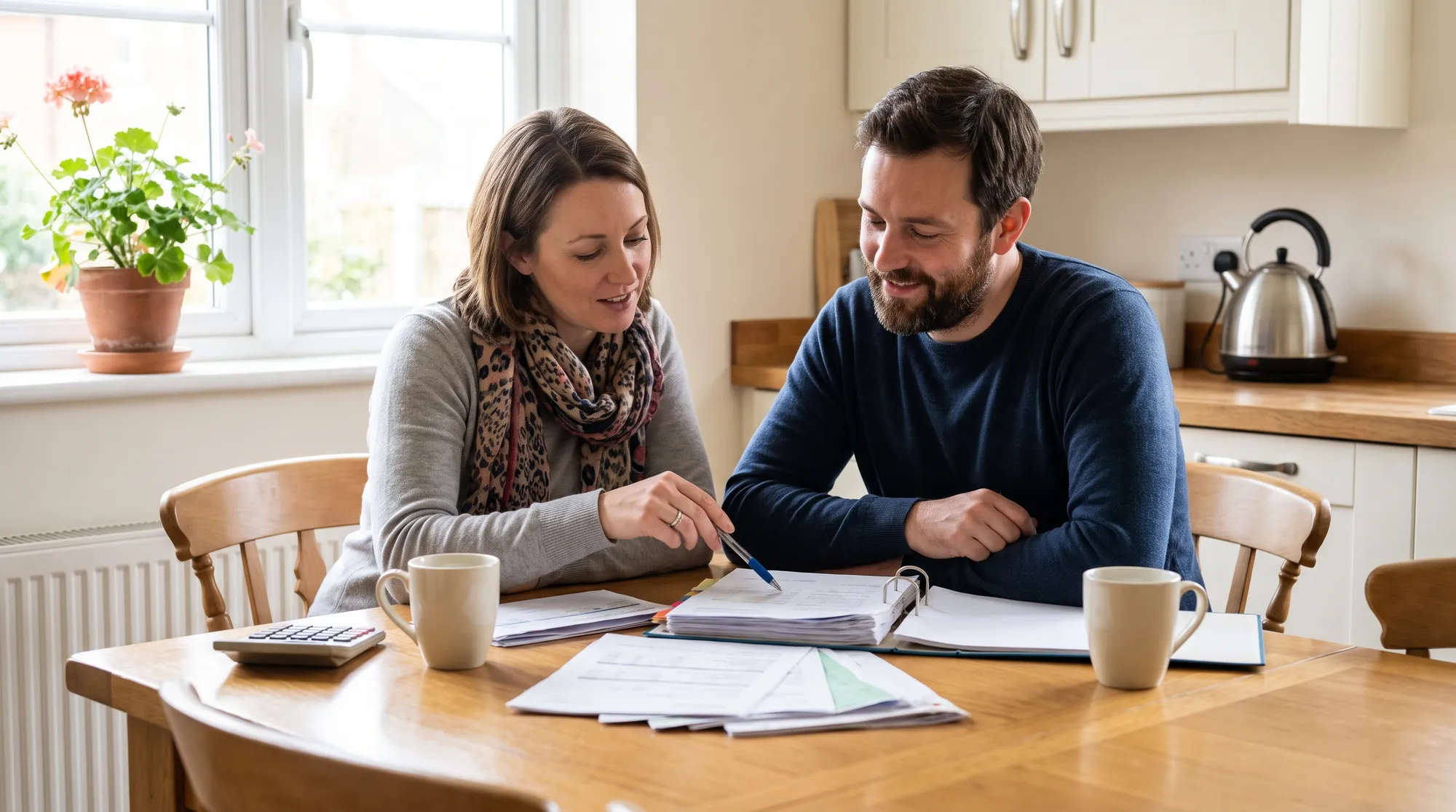A couple reviewing their mortgage paperwork at the kitchen table