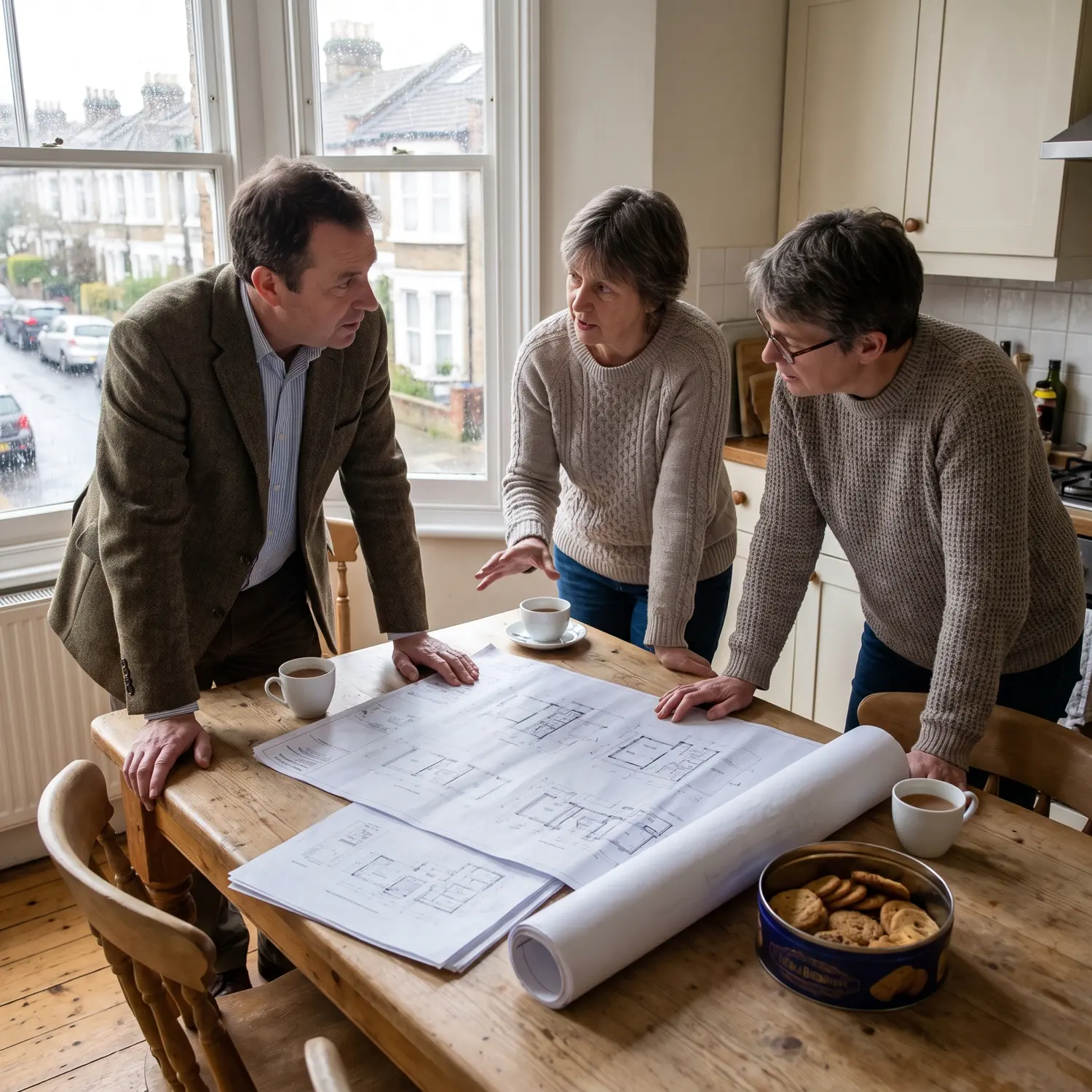 An architect going through extension plans with homeowners at a kitchen table
