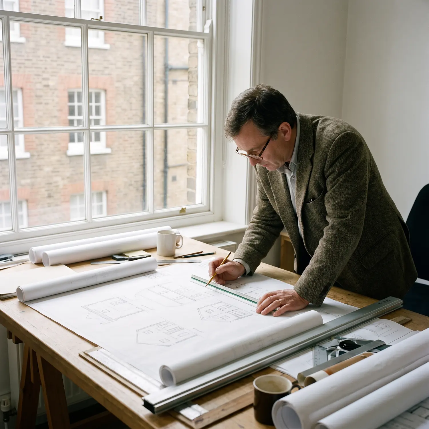 An architect reviewing printed house extension plans at a drawing desk