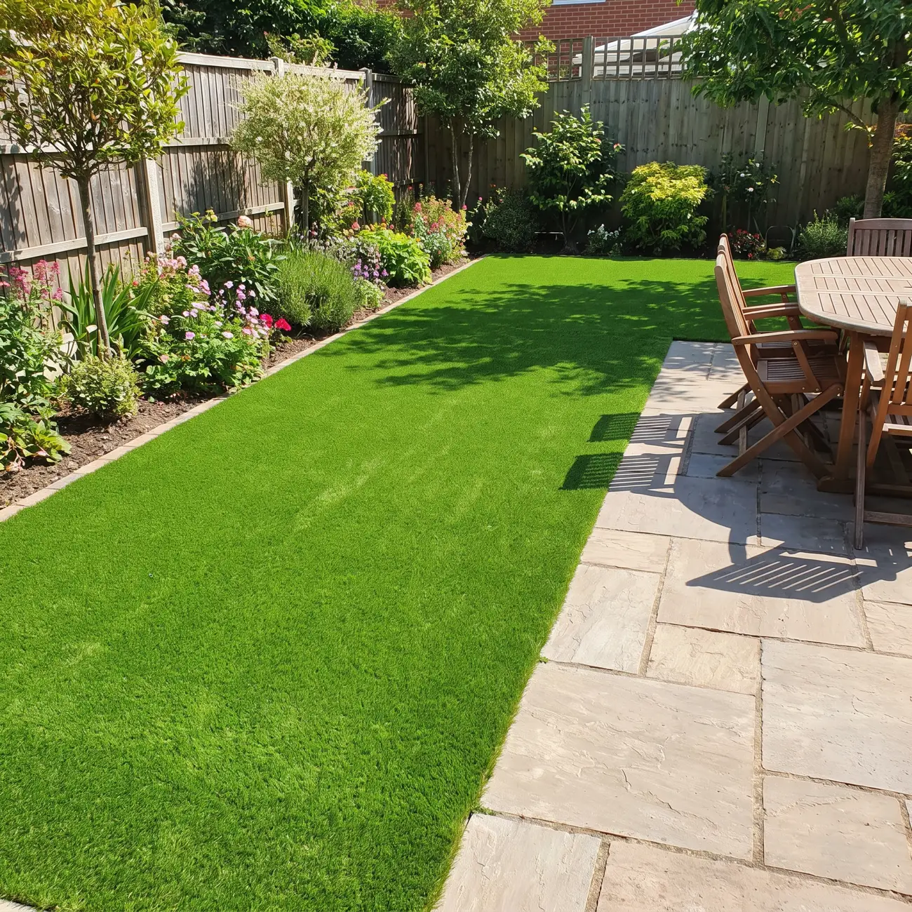 A finished artificial grass lawn in a UK back garden