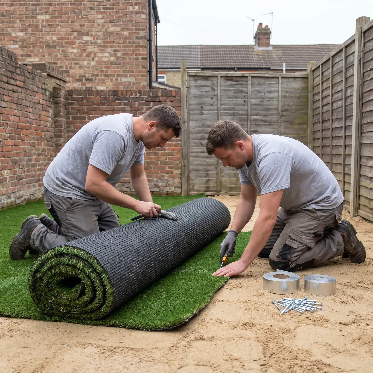 Landscapers installing artificial grass over a prepared sand base in a UK garden