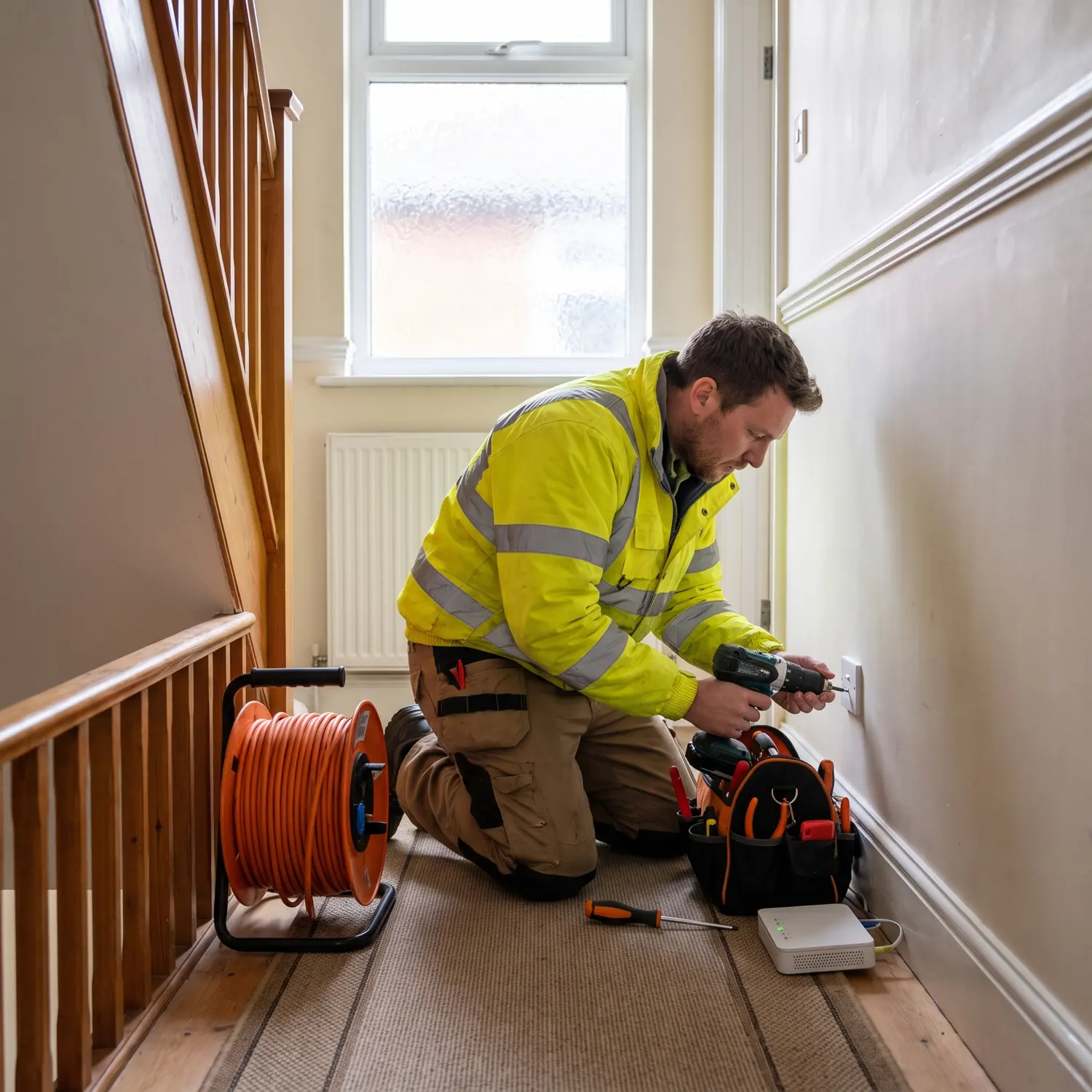 An engineer installing a fibre broadband router in a UK hallway