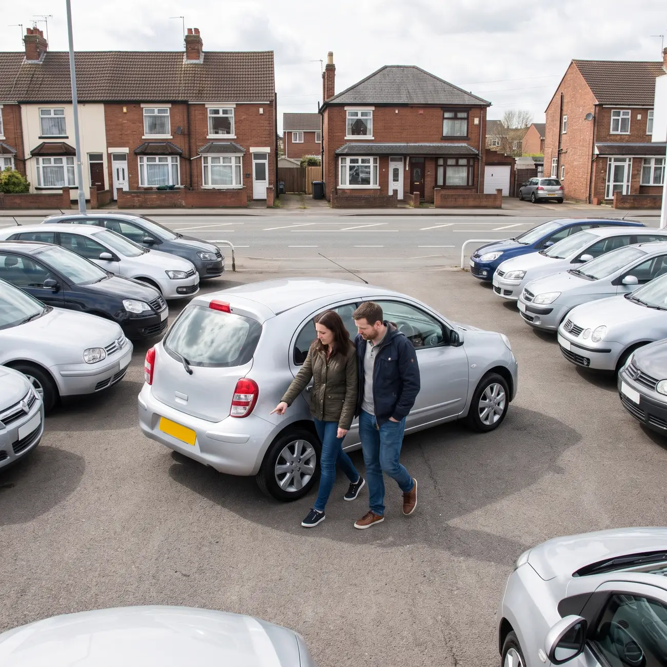 A couple viewing a used car on a UK dealership forecourt