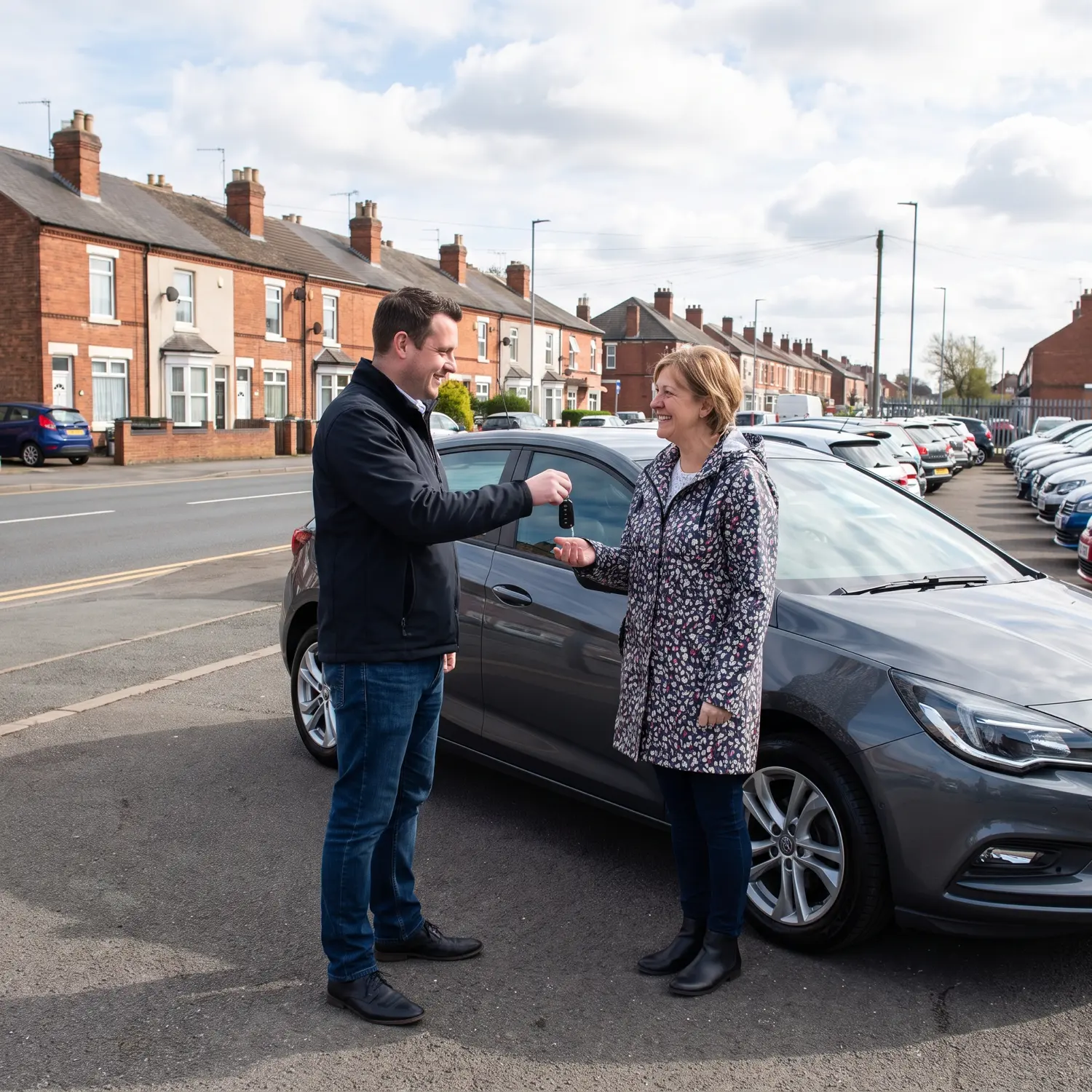 A customer being handed the keys to a used car on a UK dealership forecourt