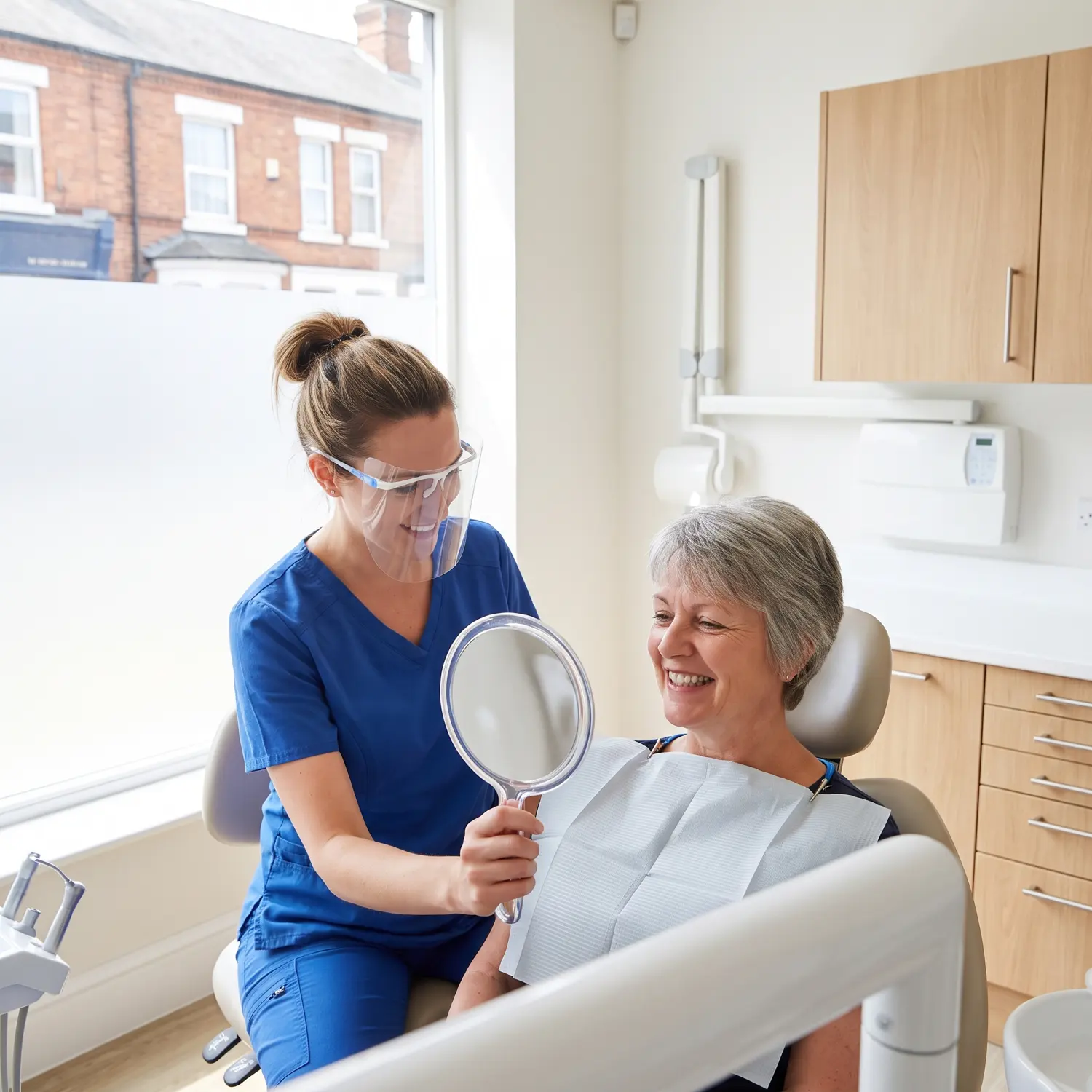 A dentist showing a patient their teeth in a UK dental practice