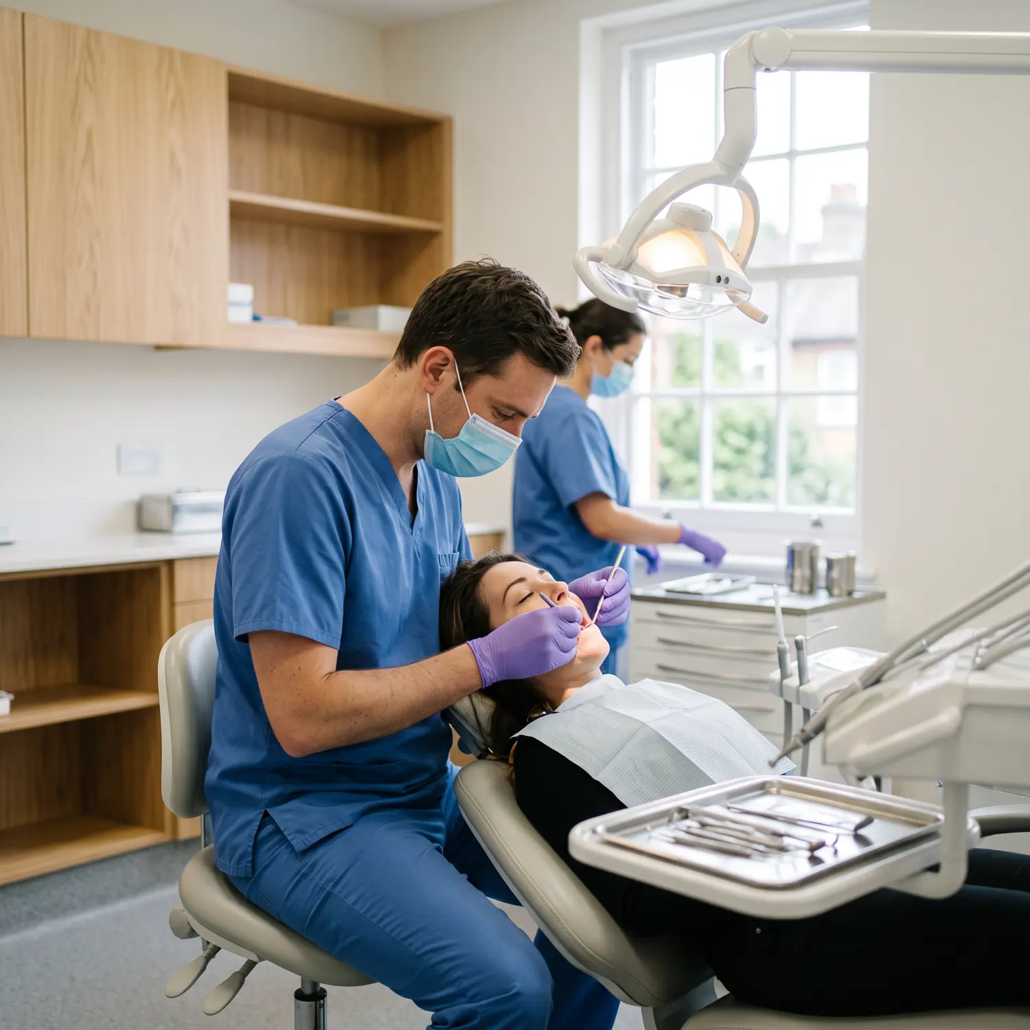 A dentist treating a patient in a modern UK dental surgery