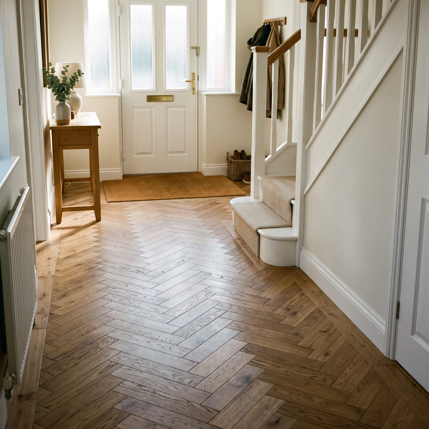 A finished herringbone wood floor in a UK hallway