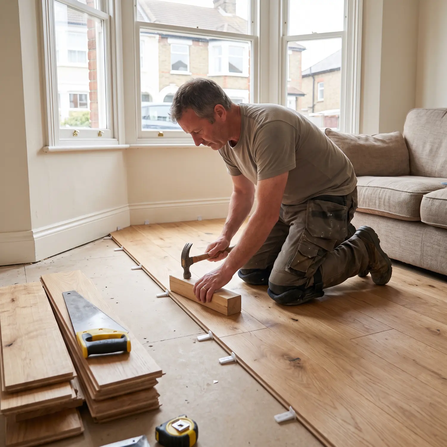 A fitter laying engineered oak flooring in a UK living room