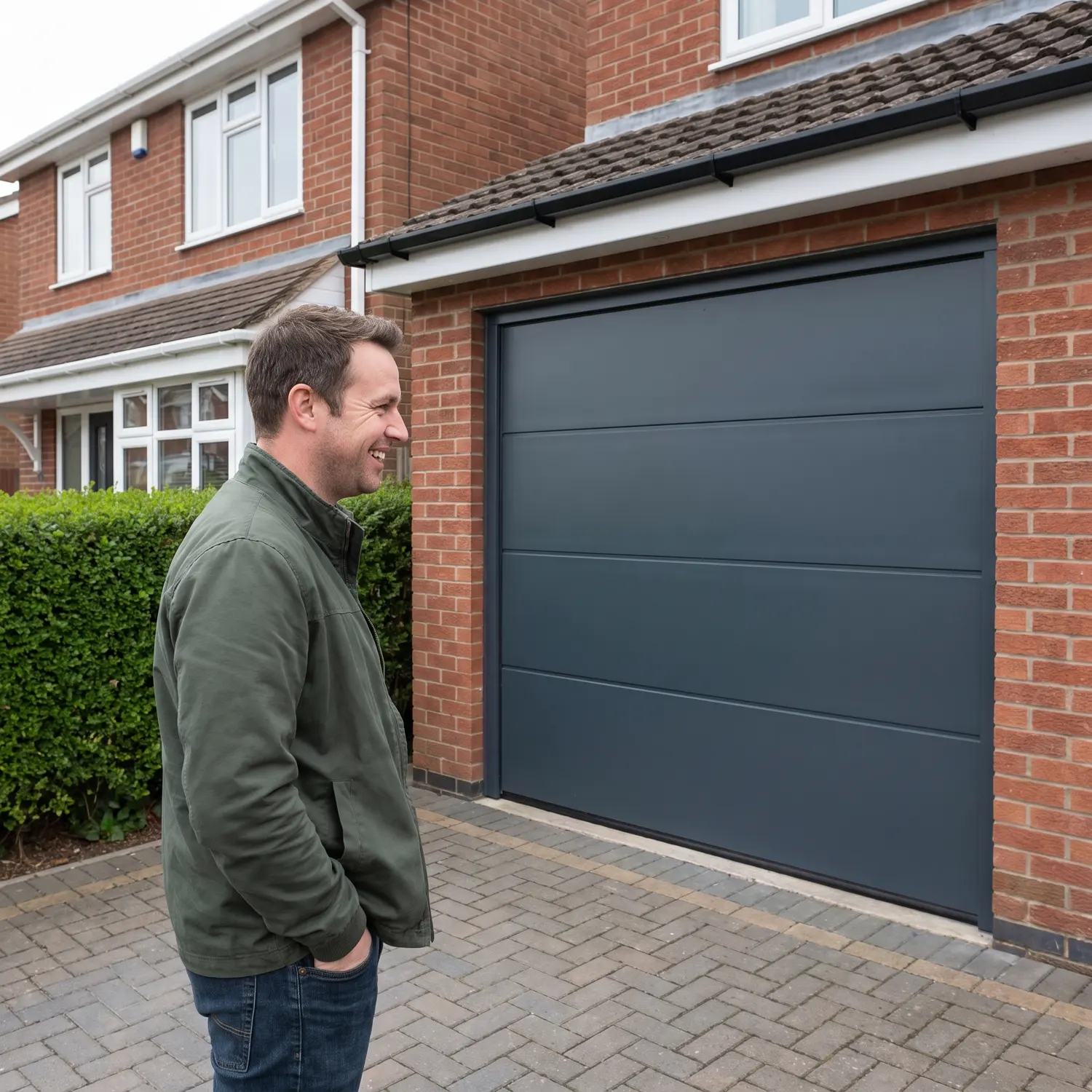 A homeowner beside a newly fitted anthracite garage door on a UK block paved driveway