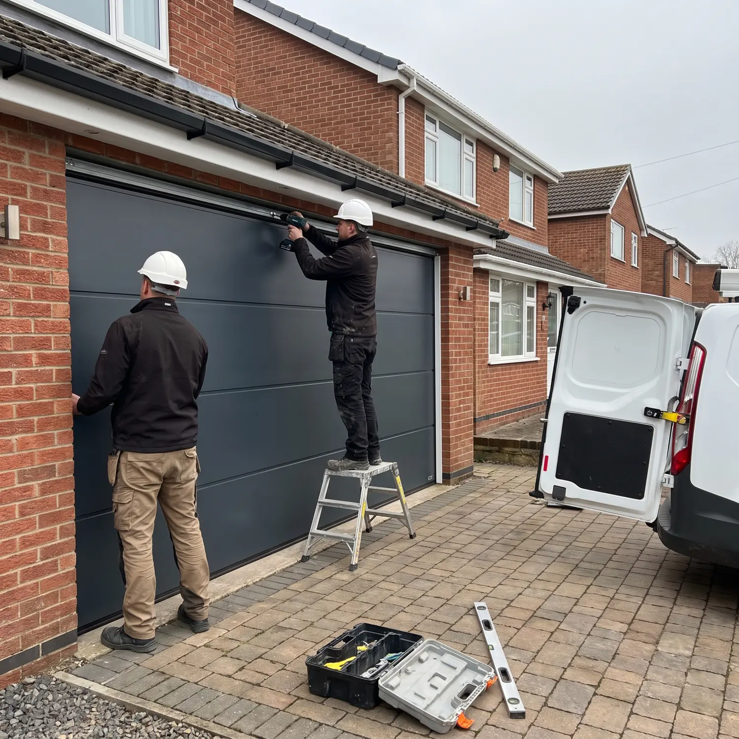 Two installers fitting a new anthracite sectional garage door to a UK home