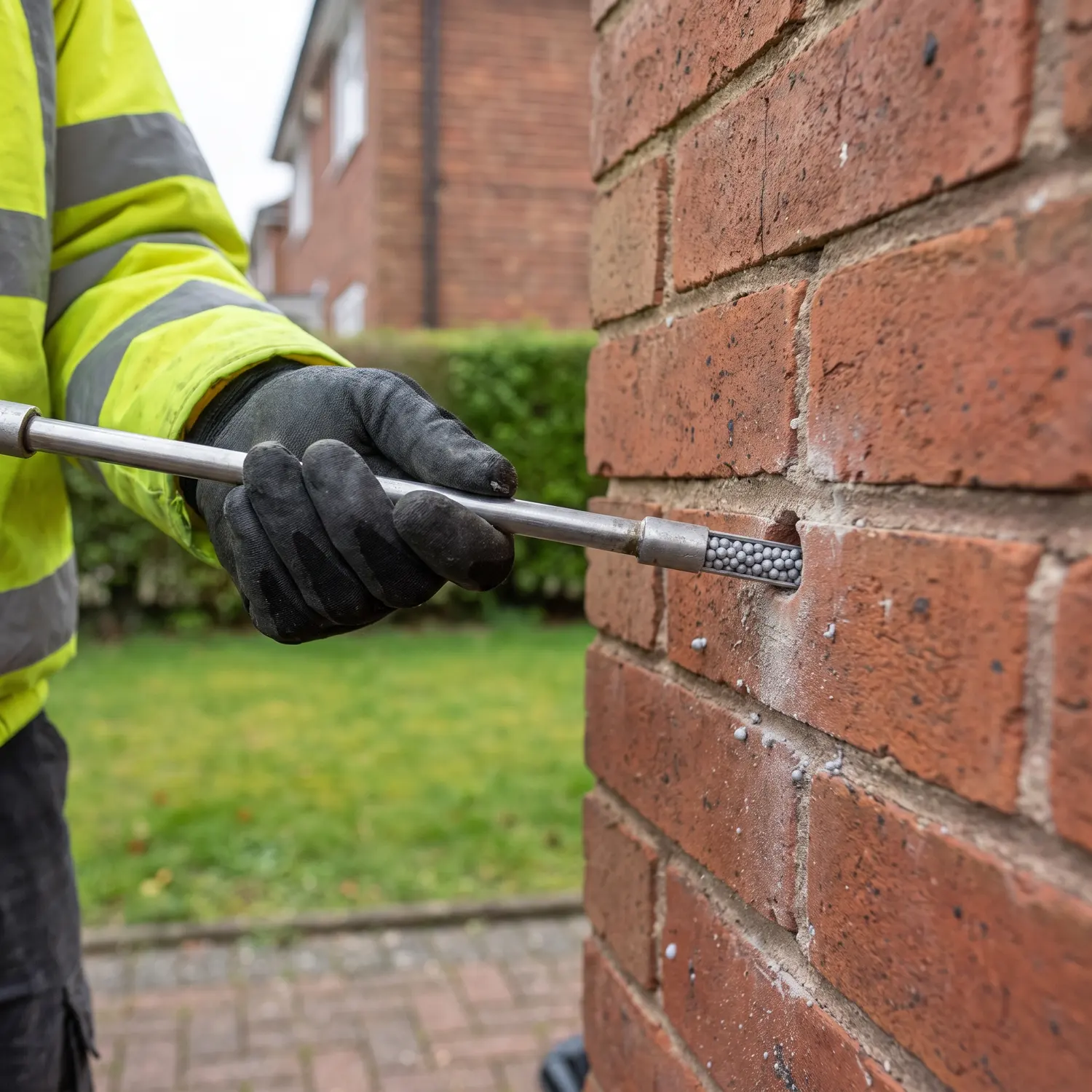 Cavity wall insulation being injected through drilled holes in a UK brick wall