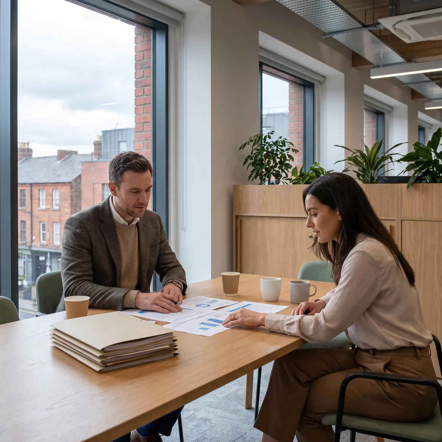 Two people discussing printed financial statements in a UK office