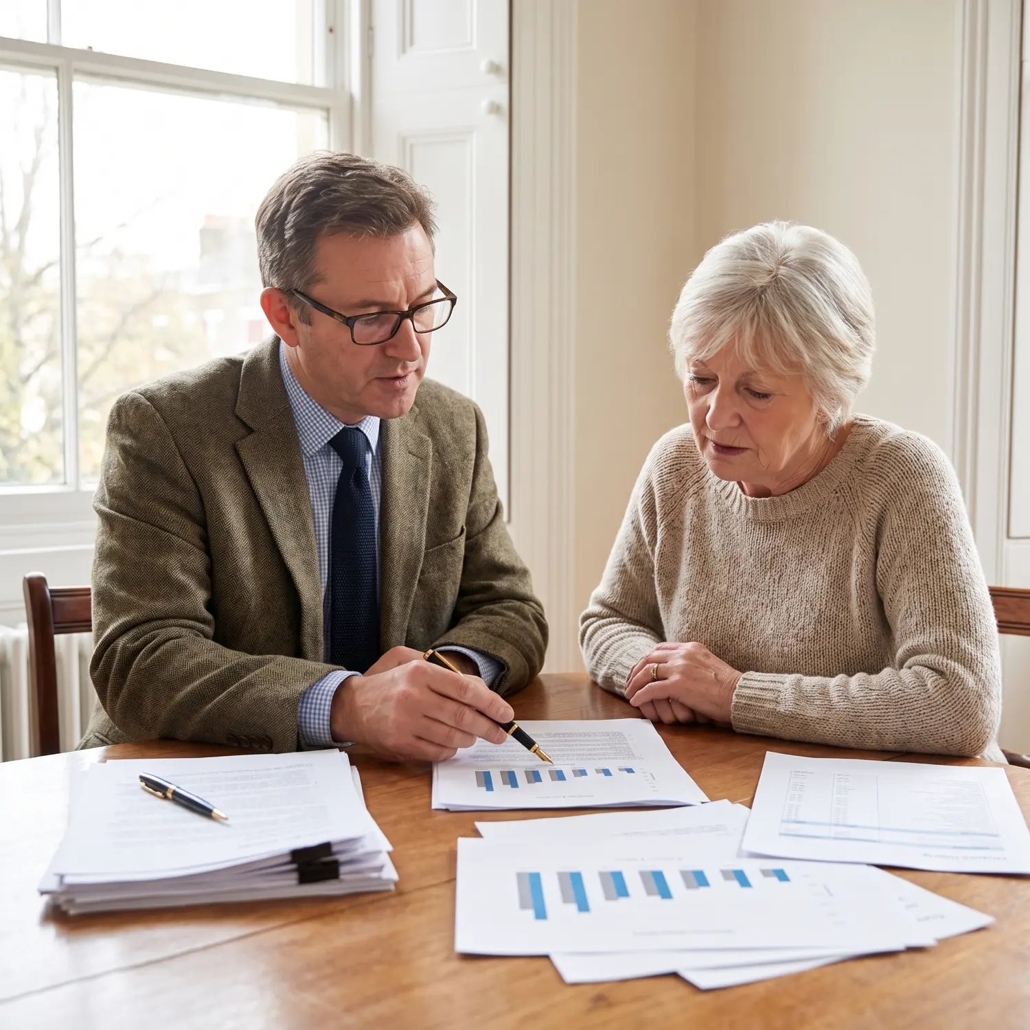 An adviser and client reviewing printed investment documents