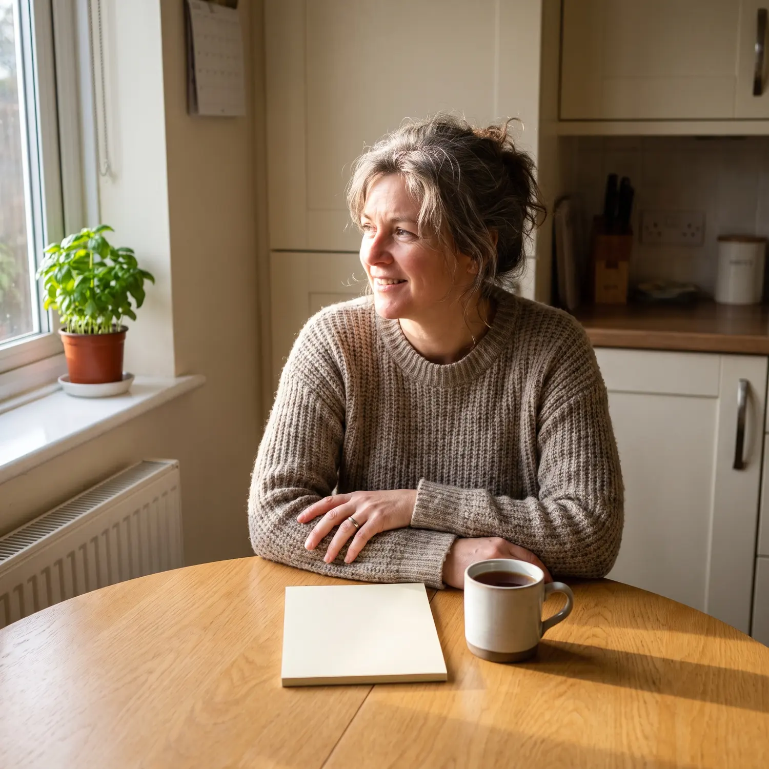 A woman planning her household finances at her kitchen table