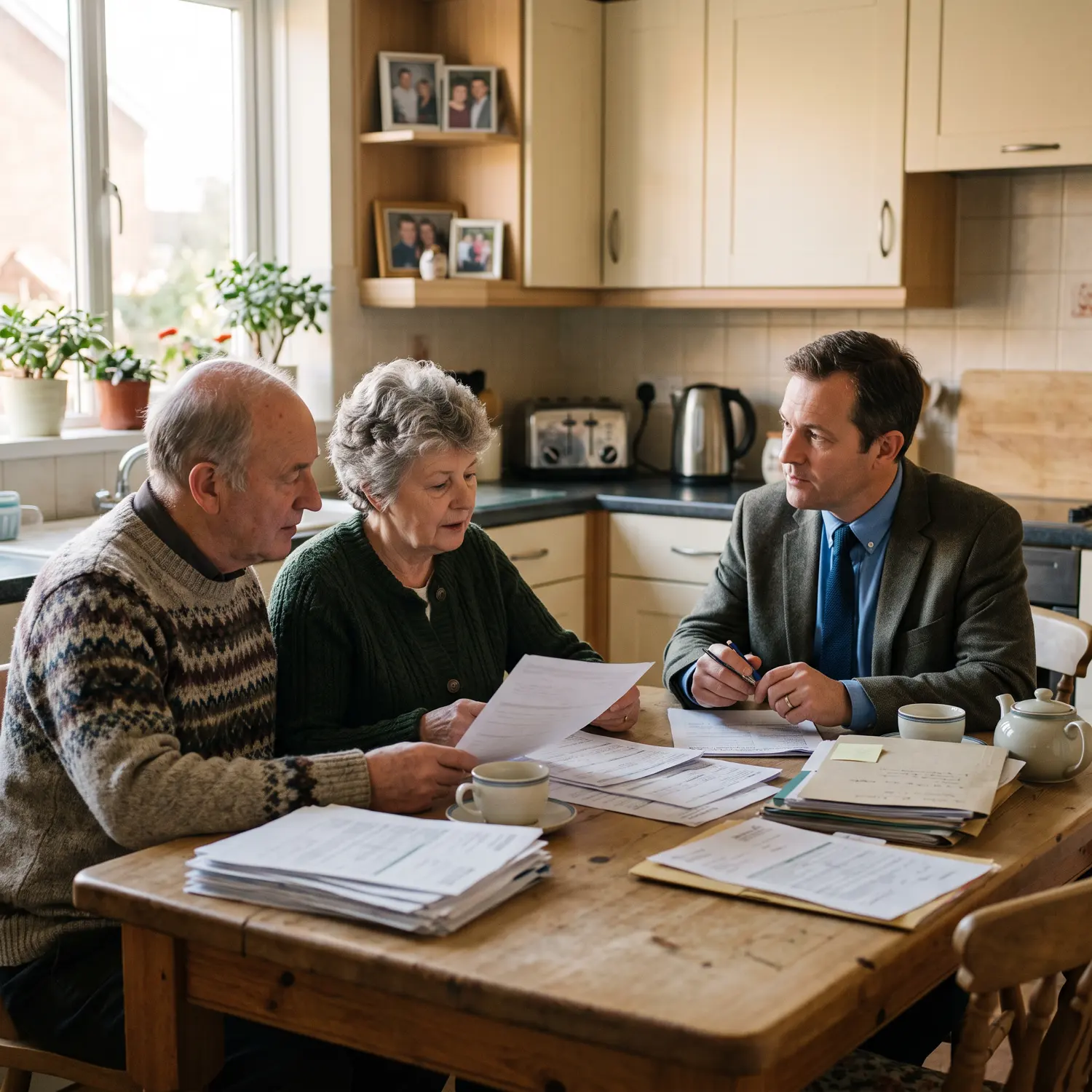 A couple reviewing pension paperwork with an adviser at their kitchen table