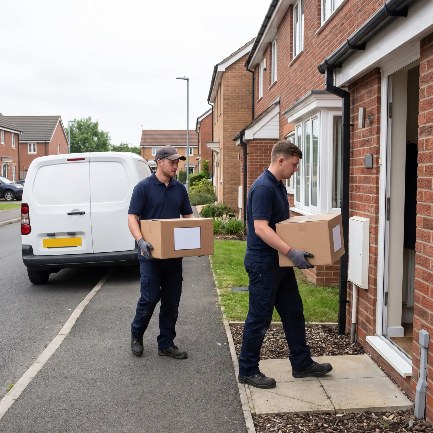 Removals operatives carrying labelled boxes into a UK terraced house