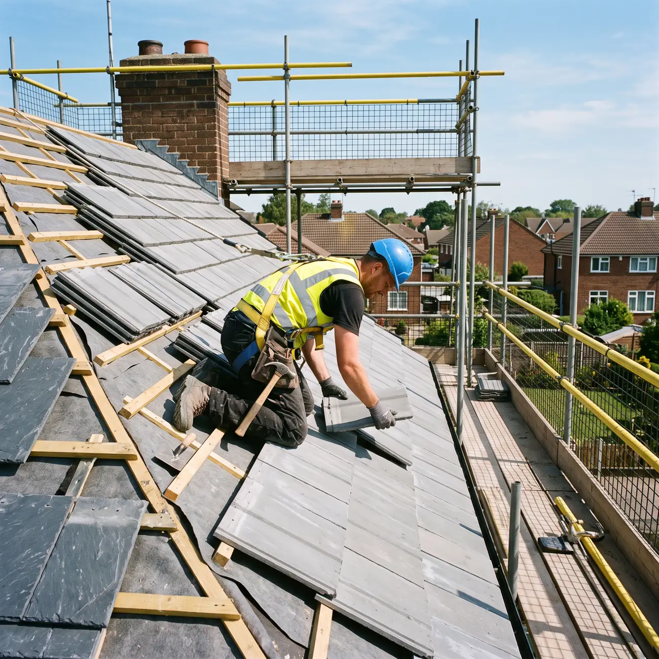A roofer laying new tiles on a UK pitched roof from scaffolding